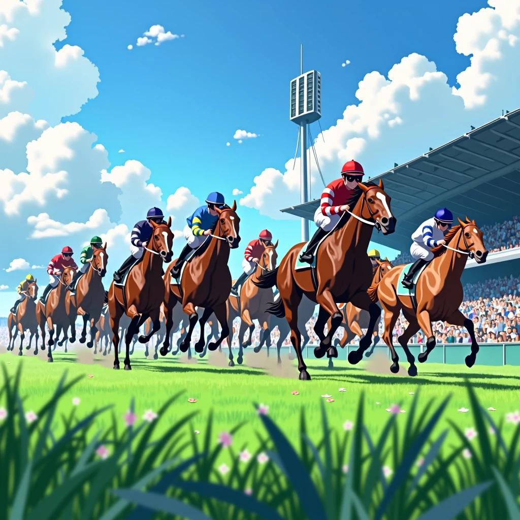 Tokyo Racecourse,Sunny,blue sky,12 horses in the race,The goal scene,Turf,A lot of people are watching,A lot of people,Image from the auditorium,Running through the finish line,(Close-up),(Highest quality,High resolution,Masterpiece,8K),