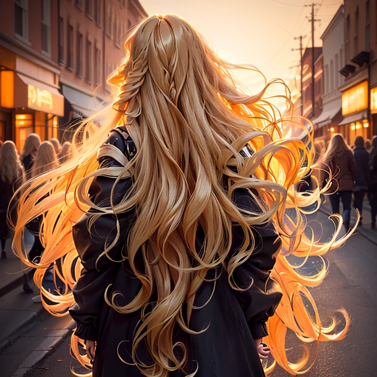 blonde with long hair walking down the street at sunset, flowing hair with highlights, long glowing hair, Long blonde flaming hair, long glowing unearthly hair, glowing flowing hair, flowing glowing hair, orange glowing hair, glowing hair, long curly light blond hair, beautiful blonde, long wavy blonde hair, long curly windblown blonde hair, Girl with blond hair, beautiful hair