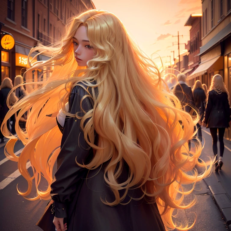 blonde with long hair walking down the street at sunset, flowing hair with highlights, long glowing hair, Long blonde flaming hair, long glowing unearthly hair, glowing flowing hair, flowing glowing hair, orange glowing hair, glowing hair, long curly light blond hair, beautiful blonde, long wavy blonde hair, long curly windblown blonde hair, Girl with blond hair, beautiful hair