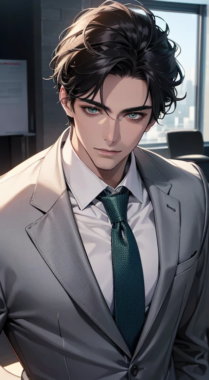 (Highest quality,4K,8K,High resolution,masterpiece:1.2),Super detailed,(Realistic,photoRealistic,photo-Realistic:1.37),1 personld,Mature Men,Beautiful skin、very handsome,Expressionless smile in love,Short gray Black hair,green eyes,Sharp Eyes,A perfect face without a doubt,Businessman, CEO, Office Background,Cinema Lighting,HDR image,tie、