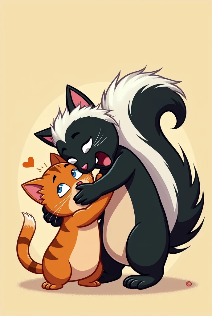 A skunk hugging a cat and the cat gets dizzy from the smell, that it is in 2D animation 