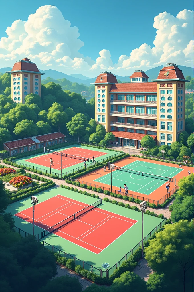 Create a sports unit with courts and green areas decorated with flowers and two-story buildings with hexagonal windows on the sides.