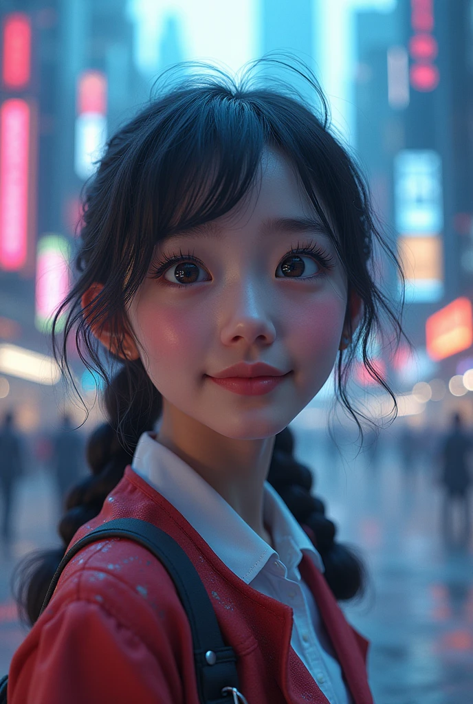 Photo Realistic a happy korean girl (1:1) 2, surprised expression, beautiful detailed eyes, beautiful detailed lips, extremely detailed face, large expressive eyes, long eyelashes, entering a new world similar to the city in Final Fantasy VII Rebirth, vibrant colors, intricate details, kawaii style, octane render, 8k, highly detailed, photorealistic, dramatic lighting, volumetric fog