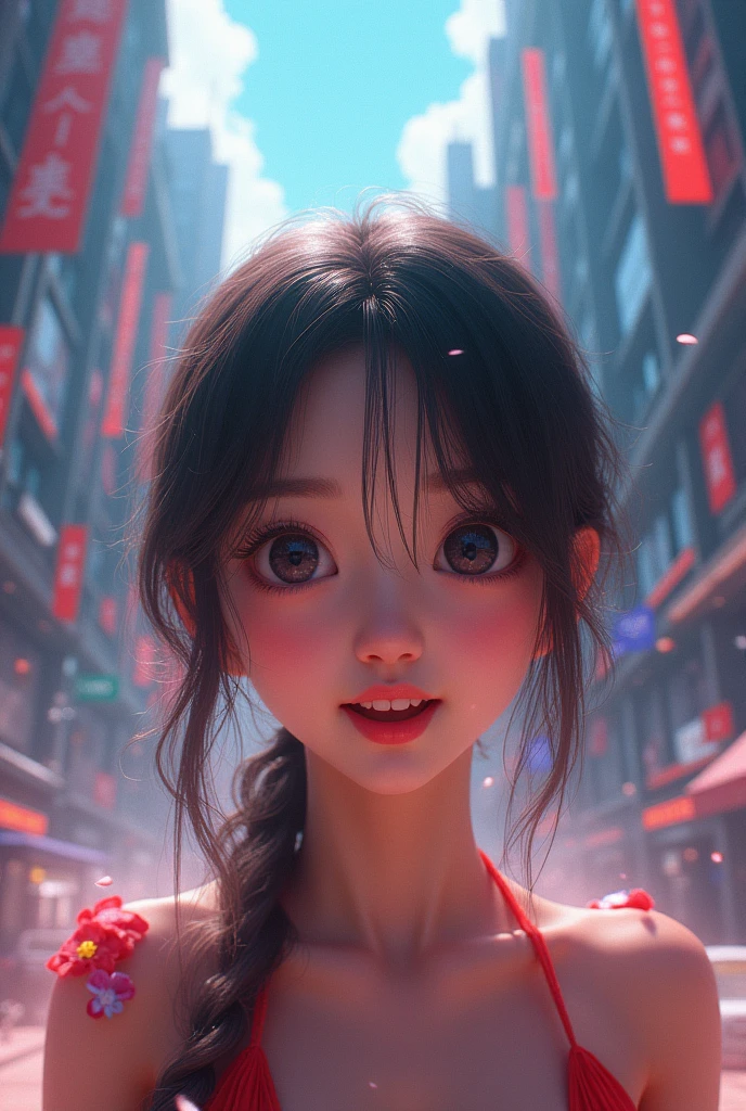 Photo Realistic a happy korean girl (1:1) 2, surprised expression, beautiful detailed eyes, beautiful detailed lips, extremely detailed face, large expressive eyes, long eyelashes, entering a new world similar to the city in Final Fantasy VII Rebirth, vibrant colors, intricate details, kawaii style, octane render, 8k, highly detailed, photorealistic, dramatic lighting, volumetric fog