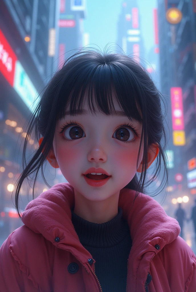 Photo Realistic a happy korean girl (1:1) 2, surprised expression, beautiful detailed eyes, beautiful detailed lips, extremely detailed face, large expressive eyes, long eyelashes, entering a new world similar to the city in Final Fantasy VII Rebirth, vibrant colors, intricate details, kawaii style, octane render, 8k, highly detailed, photorealistic, dramatic lighting, volumetric fog