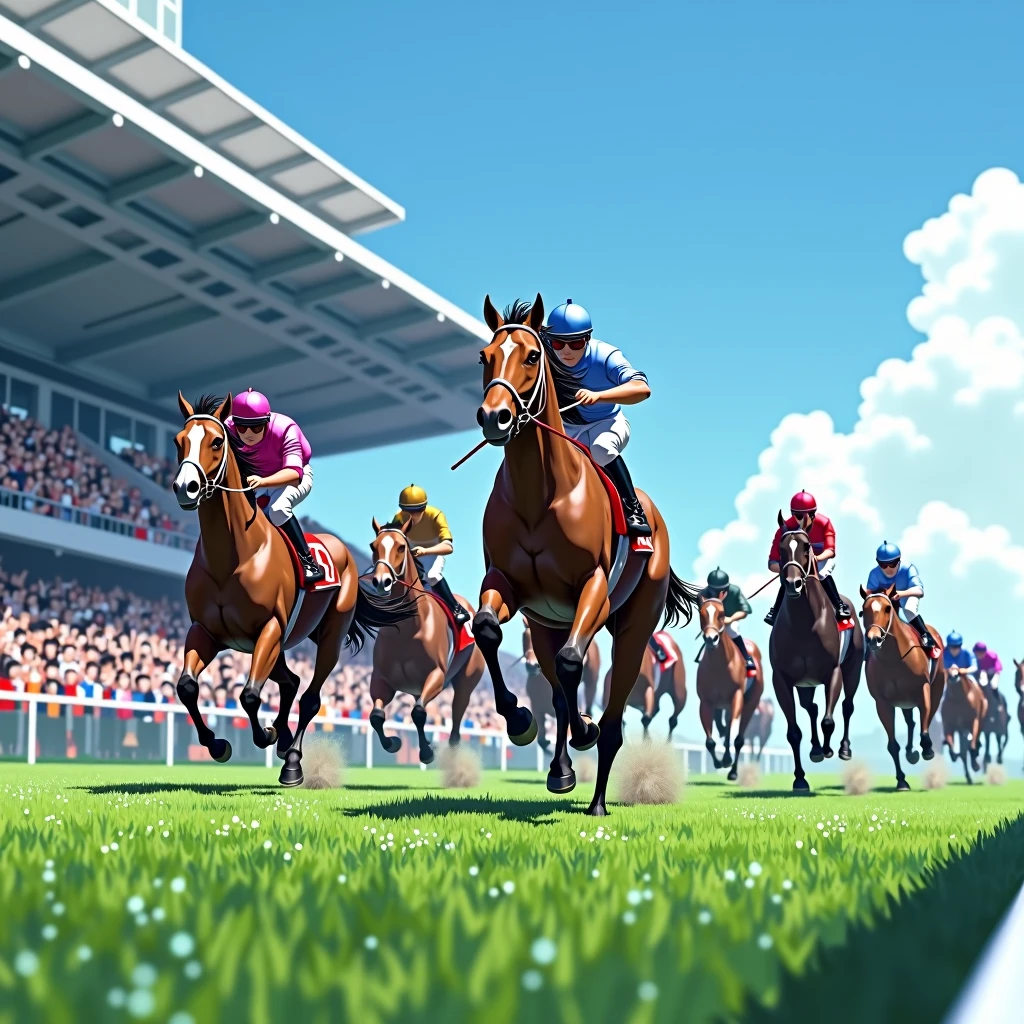 Tokyo Racecourse,Sunny,blue sky,12 horses in the race,The goal scene,Turf,A lot of people are watching,A lot of people,Image from the auditorium,Running through the finish line,(Close-up),(Highest quality,High resolution,Masterpiece,８K),