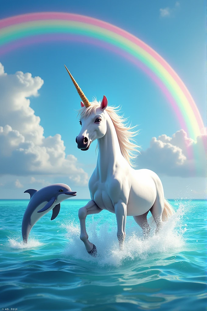A unicorn, a dolphin and a rainbow 