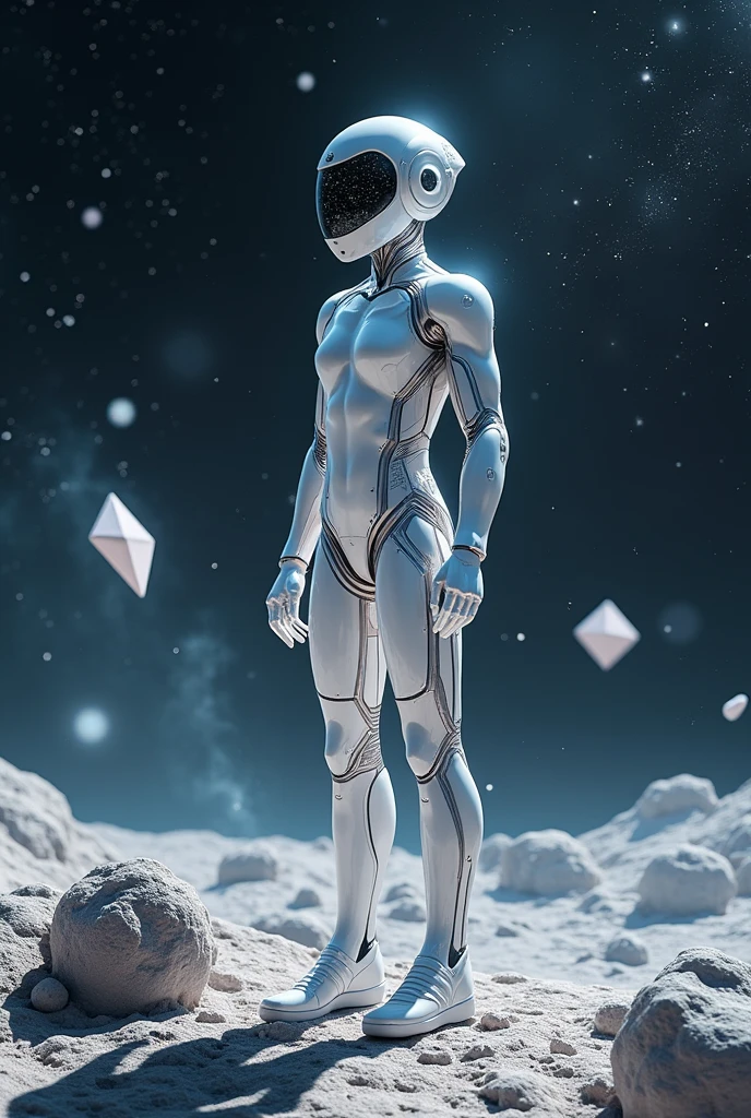 A humanoid wearing an alien a high-tech closy white iridescent armor suit with an alien helmet with parts from glass that you can see galaxies and nebulas through inside. The humanoid stands on the surface of an asteroid and you can see the total black deep space full of millions of stars, distant planets and nebulas. Floating geometrical 3D shapes levitating above asteroid ground in close proximity from the ground. Realistic, hyperrealism, high resolution, extreme quality, volumetric lighting, extreme details, sharp details, 4k hdr 