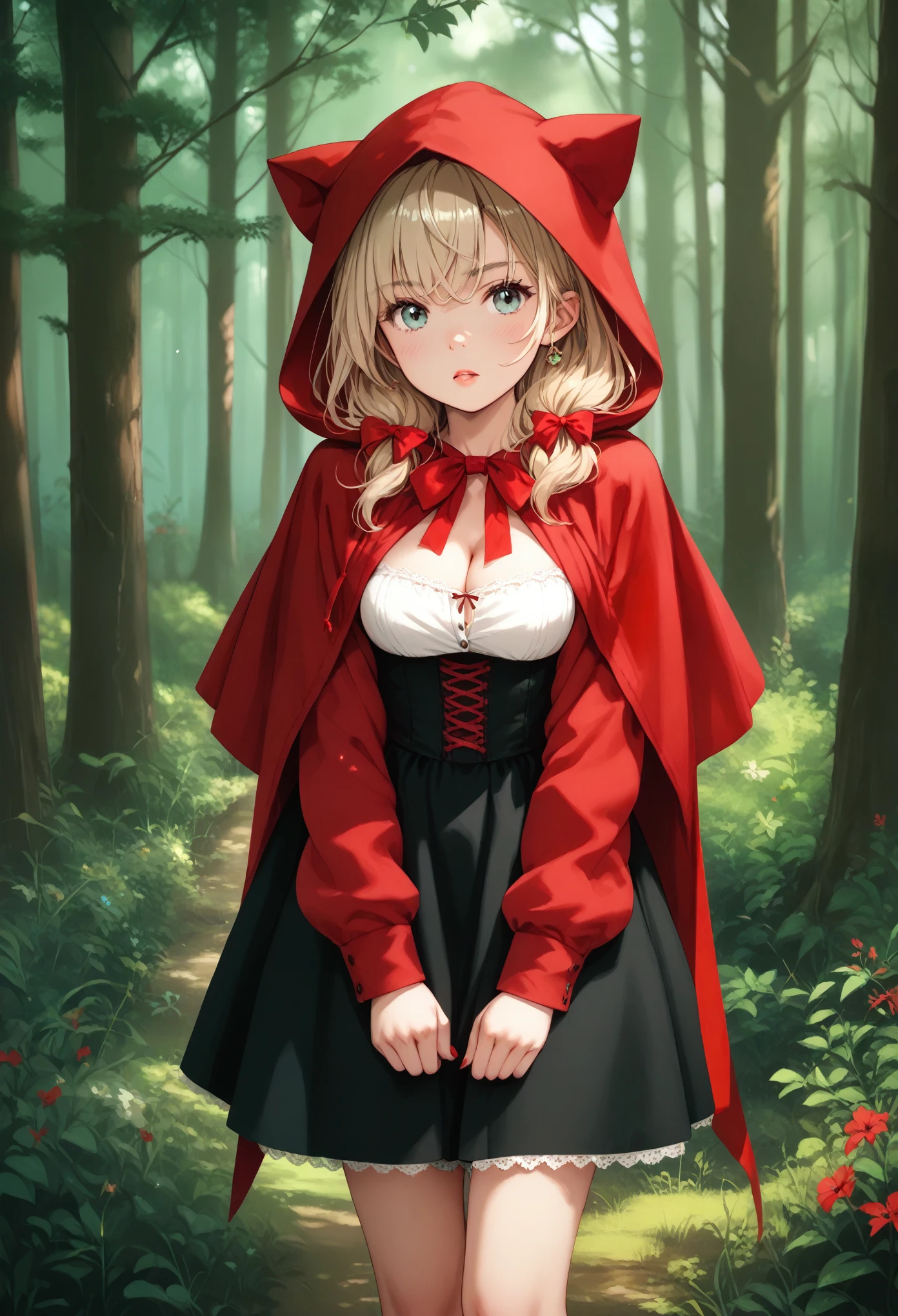 score_9,score_8_up,score_7_up,score_6_up,score_5_up,score_4_up,'Little Red Riding Hood.' 1women, forest, red cloak and hood,cleavage, large ribbon,soft colors,