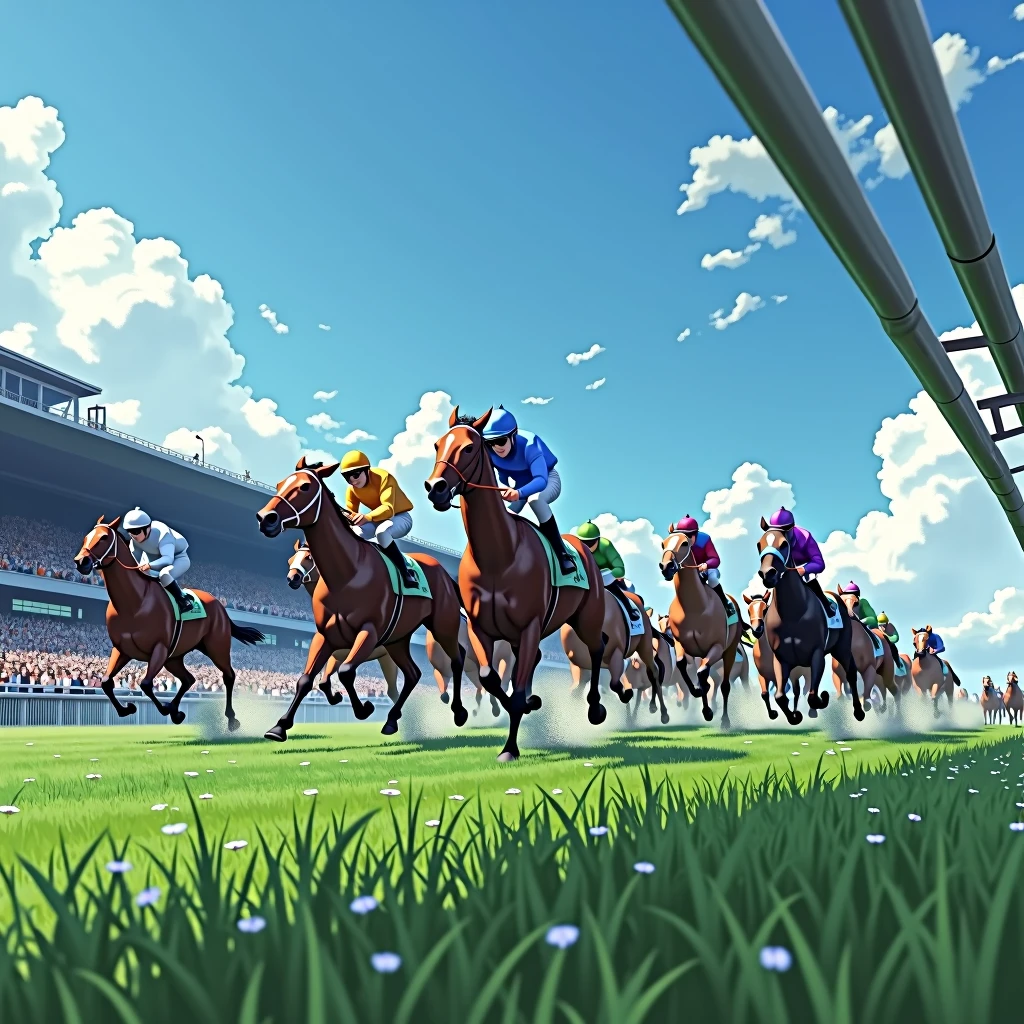 Tokyo Racecourse,Sunny,blue sky,12 horses in the race,The goal scene,Turf,A lot of people are watching,A lot of people,Image from the auditorium,Running through the finish line,1 2 3 moves,(Close-up),(Highest quality,High resolution,Masterpiece,8K),