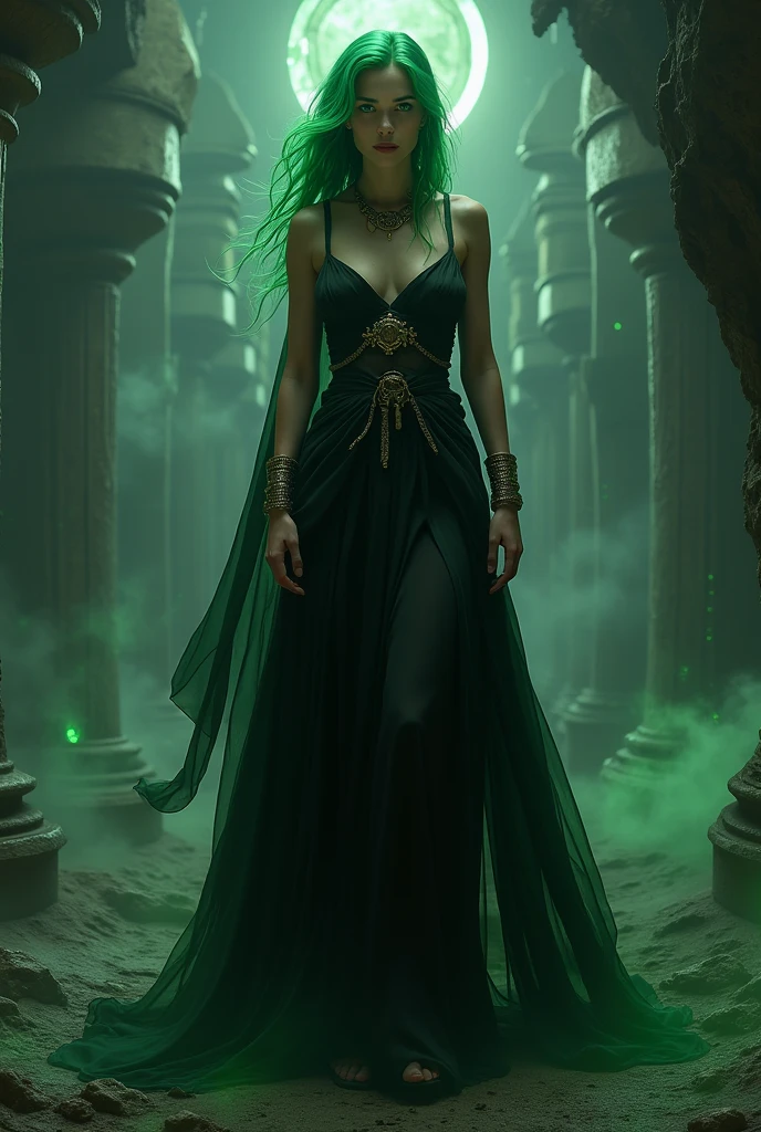 Beautiful adult woman with green hair and green eyes with perfect ???????, Ancient Greek clothing black color besieged in the Greek Underworld marvel style