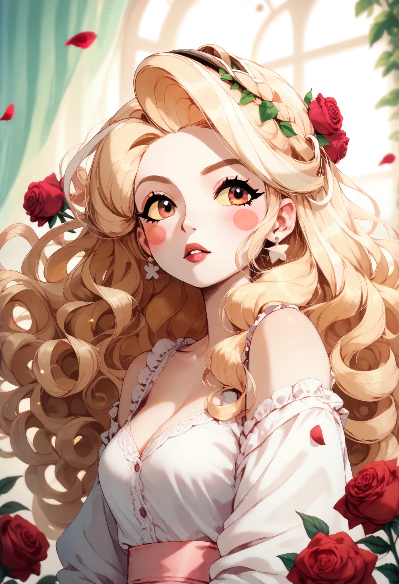 score_9,score_8_up,score_7_up,score_6_up,score_5_up,score_4_up,(Charlie Morningstar Hazbin Hotel), a blonde haired woman, long flowing curly hair, yellow sclera,red eyes, blush stickers, roses, soft lighting, 8k resolution
