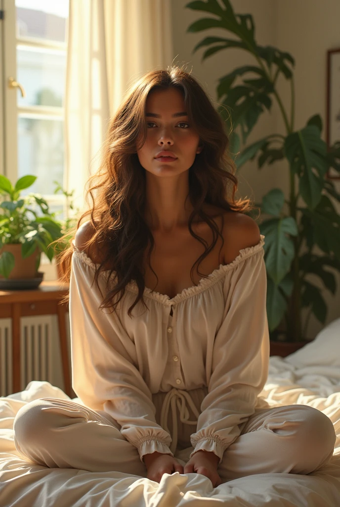 (photorealism:1.2), beautiful woman, sitting on bed, wearing loose off-shoulder top, pajama pants, long curly hair, indoors, soft lighting, plants in background, window with sunlight, cozy room, relaxed pose, realistic, intricate details, warm colors, by Greg Rutkowski, by Alphonse Mucha