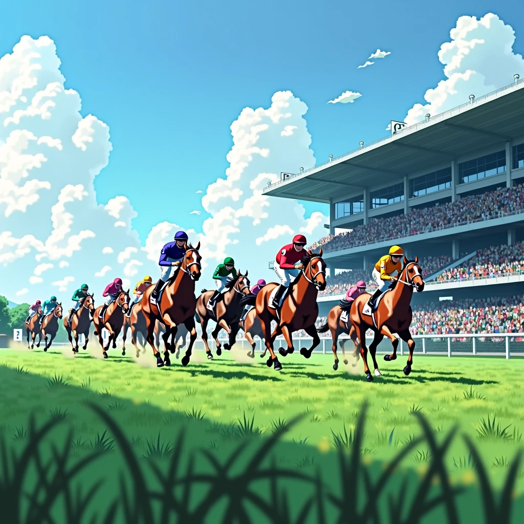 Tokyo Racecourse,Sunny,blue sky,12 horses in the race,The goal scene,Turf,A lot of people are watching,A lot of people,Image from the auditorium,Running through the finish line,1 2 3 moves,Screen from the side,(Close-up),Detailed Images,,(Highest quality,High resolution,Masterpiece,８K,16K),Detailed digital art,