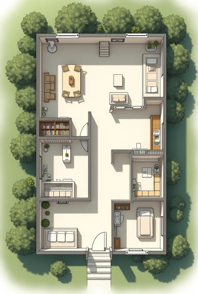Draw an aerial plan of a house with a bathroom, kitchen, salon, biblioteca y kitchen, no color less detailed, very little detailed
