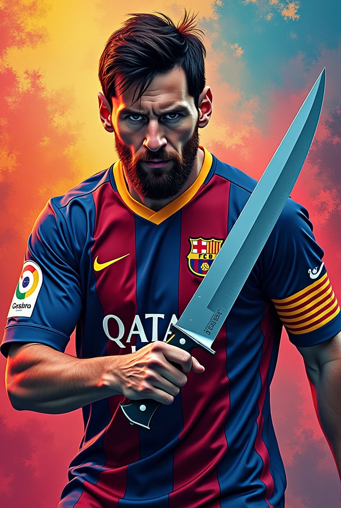 Messi with a big knife background must be colourful 