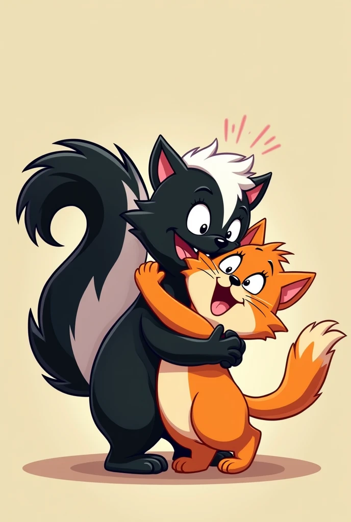 A skunk hugging a cat and the cat gets dizzy from the smell, that it is in 2D animation
