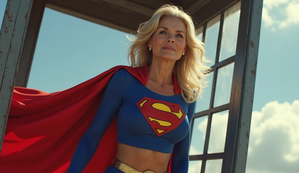 Julie Hagerty(((very beautiful old Supergirl (((1984s costume))); Julie Hagerty))) Super old woman Julie Hagerty; large breasts; tight clothing; confident, powerful, indestructible, attractive; big and firm chest; strong breasts; saindo de uma cabine telefônica e decolando para o céu, By Georege Perez