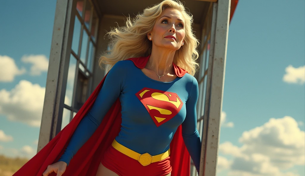 Julie Hagerty(((very beautiful old Supergirl (((1984s costume))); Julie Hagerty))) Super old woman Julie Hagerty; large breasts; tight clothing; confident, powerful, indestructible, attractive; big and firm chest; strong breasts; saindo de uma cabine telefônica e decolando para o céu, By Georege Perez