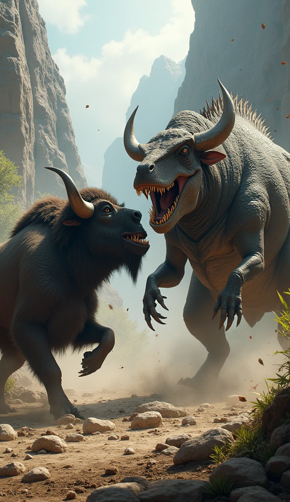 Dinosaur vs buffalo fighting 