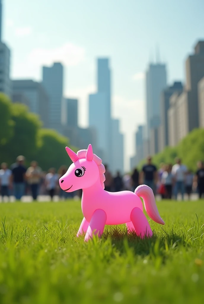  (a samll pink pony blow-up doll) on a grassland , (Practical, RAW photos, Ultra-fine transparent), Practical Light, city and street background, lots of people around,