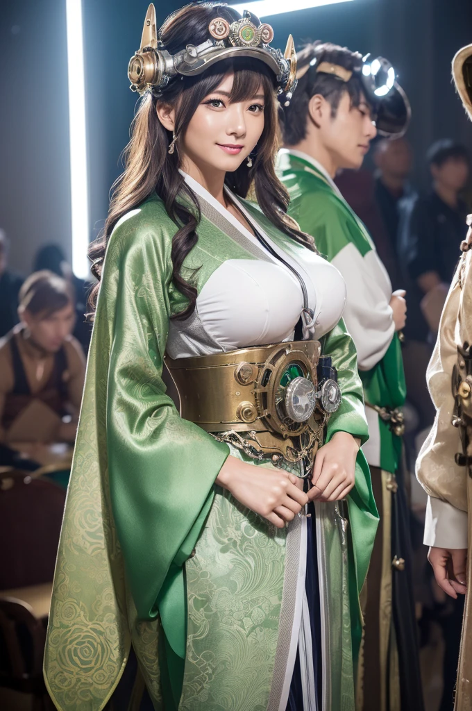 Woman portrait、Highest quality、Rear view、8k, clear, Fine skin、Clear, beautiful eyes、The beauty of a smile、Bright beautiful face、whole body、Curly Hair、My hair was messed up by the wind、(Big Breasts、Muscular、tall),(Hip_superior, Hip superior), Beauty,( Watching the audience),Realistic, High resolution, Soft Light,1 female, One person,blonde hair,Long Hair,bangs,Fine Skin, Naughty look,((Green steampunk kimono,Damask rose,Mature Woman,white dress shirt)),steampunk style、Costumes decorated with lots of gear and watches,(Silver and green stripes,Sailor-style armor with collar)、Beautiful Steampunk Guild Staff Costume Banker Uniform,(Silver and green mech,Silver Steampunk Kimono, High-tech Mecha,Beads,elbow gloves、Gemstone Helmet,Luxurious obi,Lavish decoration)、((arms behind back)),(bokeh),(studio lighting)