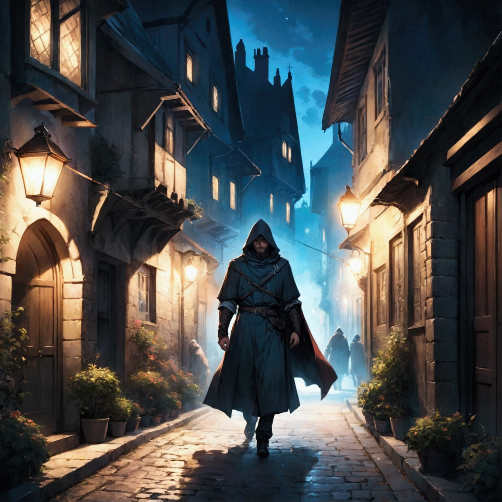 Medieval Europe，at night，A noble man walking down the street，An assassin in night clothes，Lurking in the darkness around。Mid-ground composition，Game illustration style。