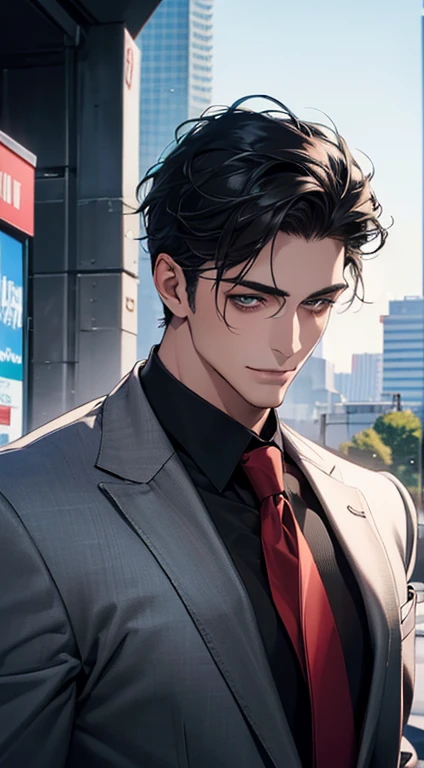 (Highest quality,4K,8K,High resolution,masterpiece:1.2),Super detailed,(Realistic,photoRealistic,photo-Realistic:1.37),1 personld,Mature Men,Beautiful skin、very handsome,Expressionless smile in love,Short gray Black hair,green eyes,Sharp Eyes,A perfect face without a doubt,Businessman, CEO, Office Background,Cinema Lighting,HDR image,tie、