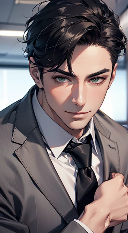 (Highest quality,4K,8K,High resolution,masterpiece:1.2),Super detailed,(Realistic,photoRealistic,photo-Realistic:1.37),1 personld,Mature Men,Beautiful skin、very handsome,Expressionless smile in love,Short gray Black hair,green eyes,Sharp Eyes,A perfect face without a doubt,Businessman, CEO, Office Background,Cinema Lighting,HDR image,tie、