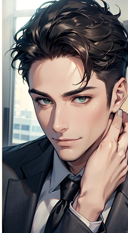 (Highest quality,4K,8K,High resolution,masterpiece:1.2),Super detailed,(Realistic,photoRealistic,photo-Realistic:1.37),1 personld,Mature Men,Beautiful skin、very handsome,Expressionless smile in love,Short gray Black hair,green eyes,Sharp Eyes,A perfect face without a doubt,Businessman, CEO, Office Background,Cinema Lighting,HDR image,tie、