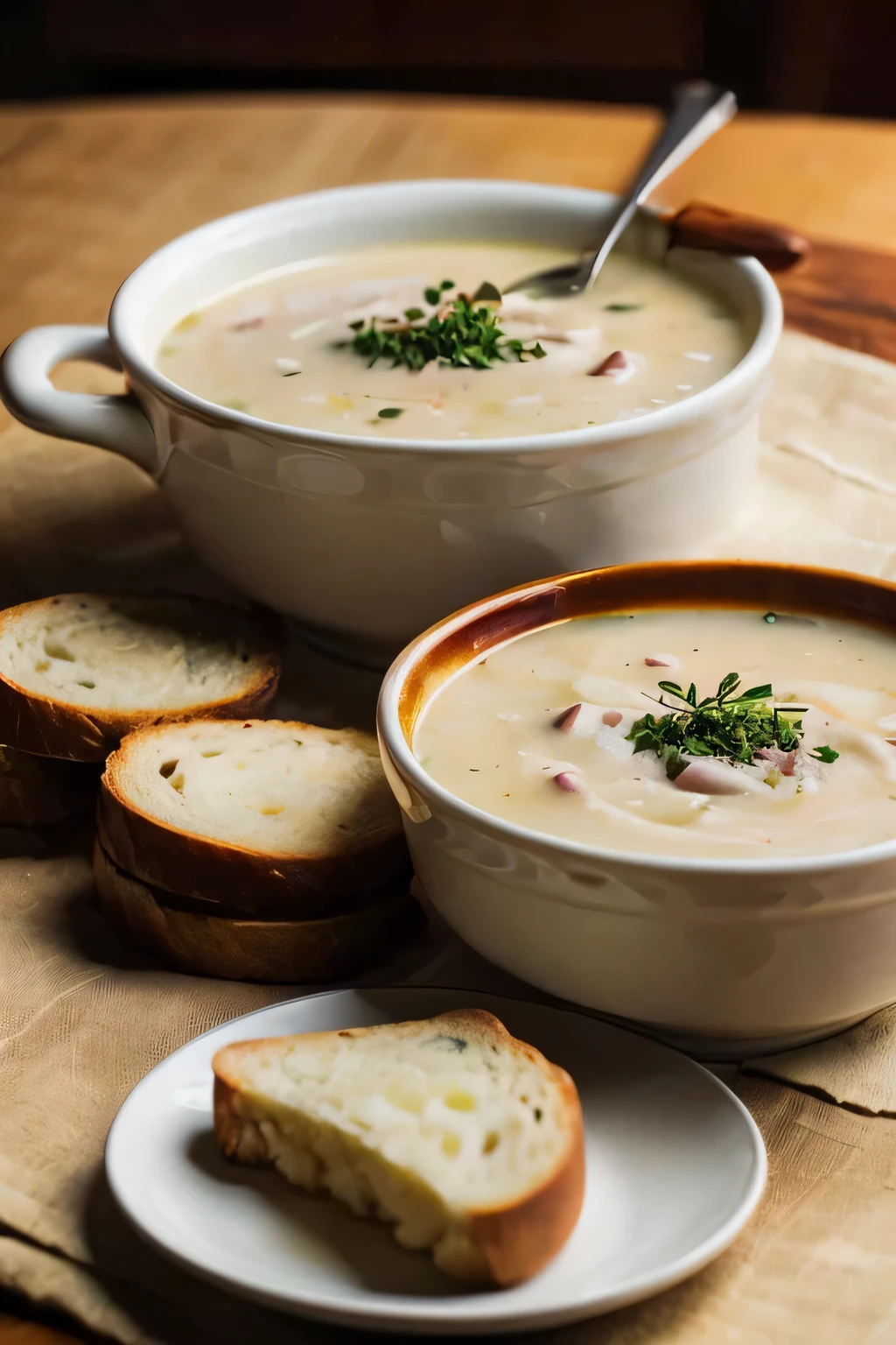 portrait of a single bowl of french onion soup with a side of warm toasted bread and dinner rolls. Warm, natural light illuminates the scene. single plate of delicious food on a table with white table cloth, seen from an eye-level perspective. soft natural light illuminating the food showing moist and delicious details. beautifully decorated with a neutral background. The bottom half of the image can be used for text or a label.