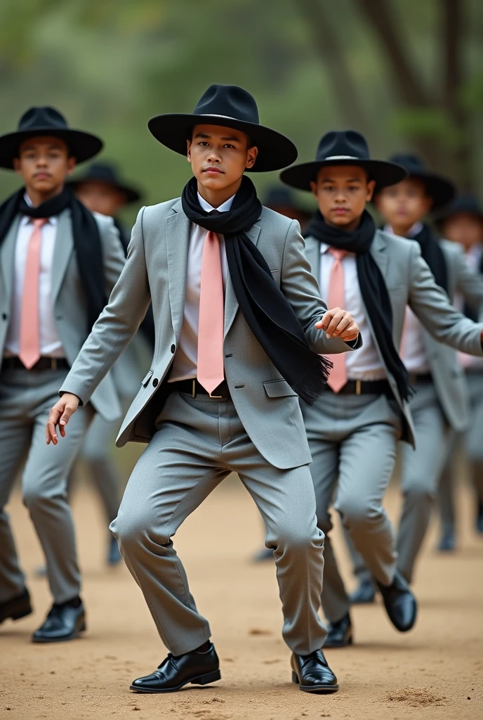 Group of young indigenous men dancing in light grey suits, black hat with lead trim, baby pink tie, White shirt, and black scarf, black shoes.