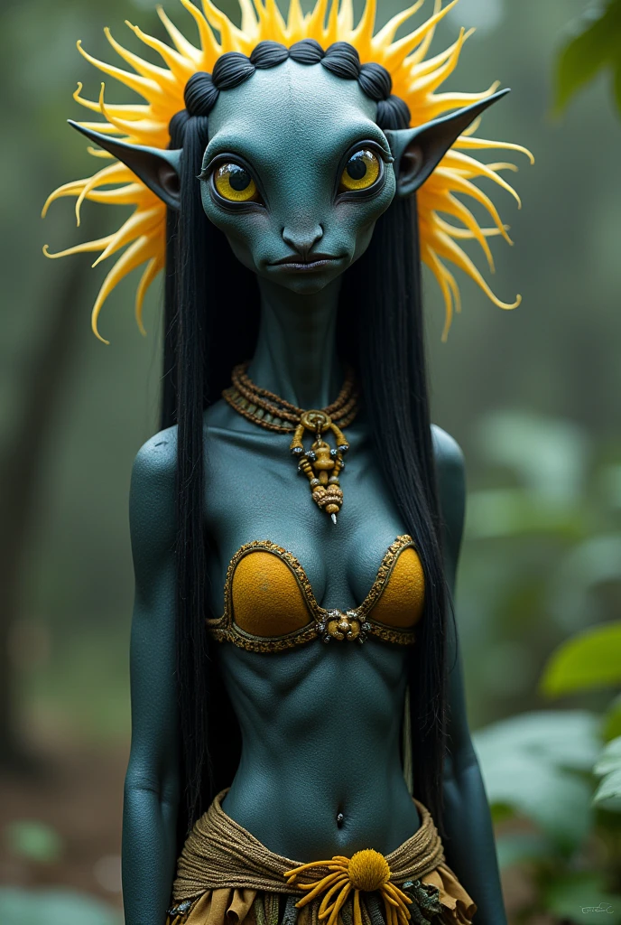 Käätxza She has flat bifurcated nose, large round eyes, pointed ears, long prehensile tail. She has long neck, slender body, narrow waist wide shoulders. Distinctly separating her humans She has four digits on each hand and foot, including opposable thumb and thumb toe. She had long black hair that is straight, the back of her head hair is sectioned of braided around her Xansu. The Xansu is a long appendage ending in bright yellow tendrils that look like hairs but are actually nerves which allow her to bond with animals, access memories of her ancestors through Yyen, or bond with one another to view memories. Her skin is dark blue being nine feet tall and her large eyes are a yellowish green color, dressed in a large leaves in a similar fashion to a bra to cover her medium sized breasts and a loincloth woven with yellow and white colors.
