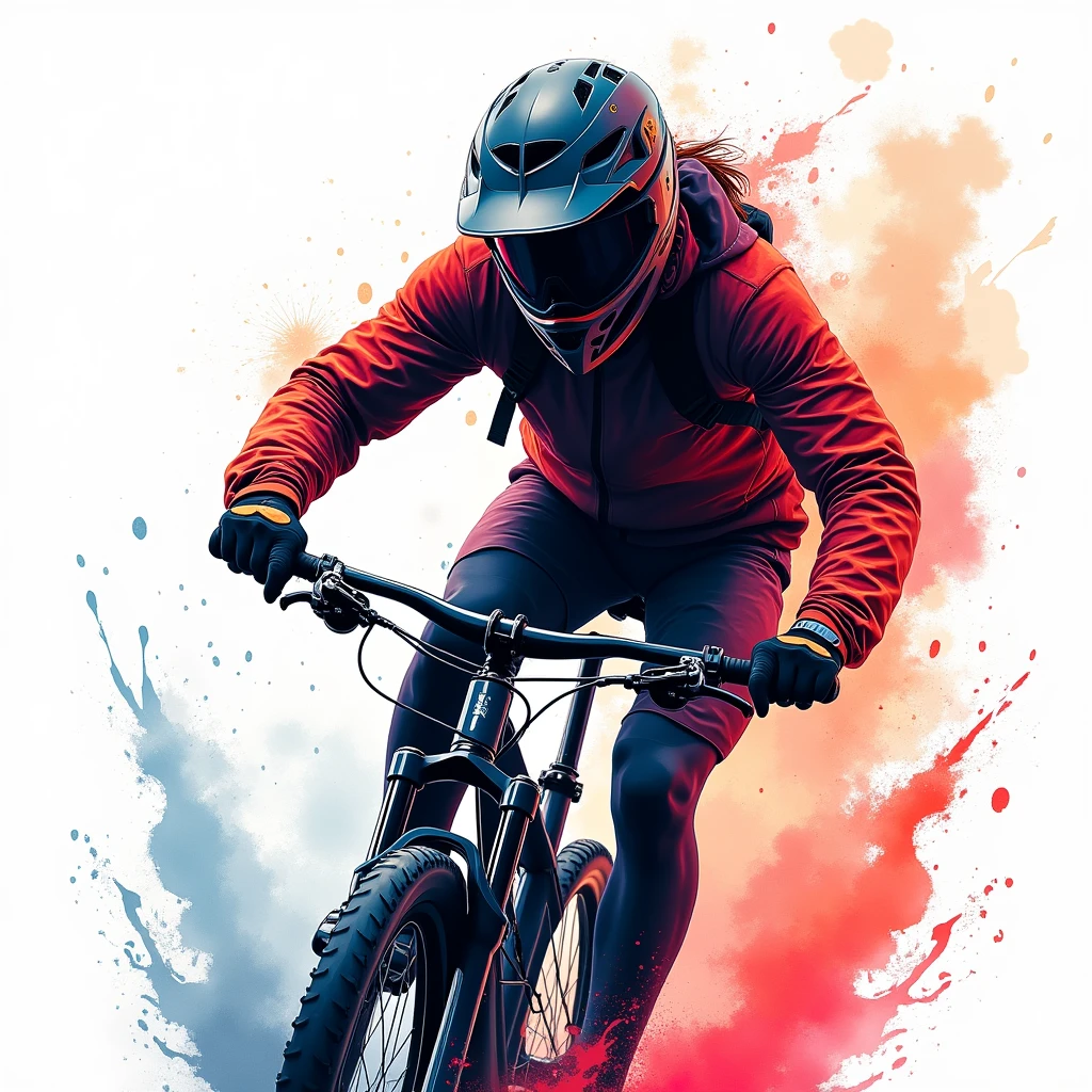 arte splash, Fortnite style, portrait poster, (white background)), Coloful ink splash style, Contour, hyperdetailed intricately detailed, engine unreal, awesome, intricate-detail, splashscreen, colors complementary, fantasy concept art, 8K resolution, deviantartmasterpiece, oil-painting, heavy strokes, dripping paint, Artes Splash, mountain biker de capacete