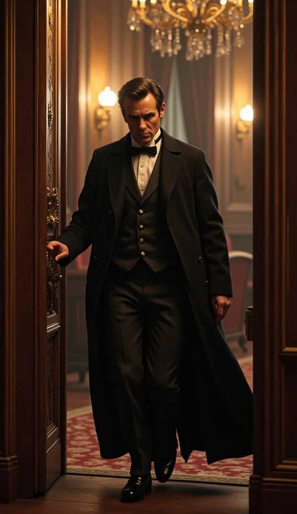 Visualize John Wilkes Booth, dressed in 1860s theatrical attire, slipping into Ford's Theatre through a hidden entrance. Show his determined expression and the subtle tension as he moves through the theatre.