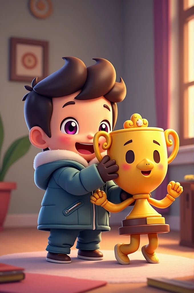 Gale character from Brawl Stars, child version, playing with a trophy with legs, face and arms, child also cute