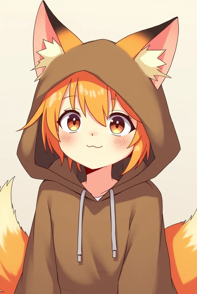 Furry fox,Masterpiece,Orange hair,With a hood,Japanese anime style,blush,Some unnatural smile,male,Shy,Don't dare to look directly into the camera,Pursed lips,成年male