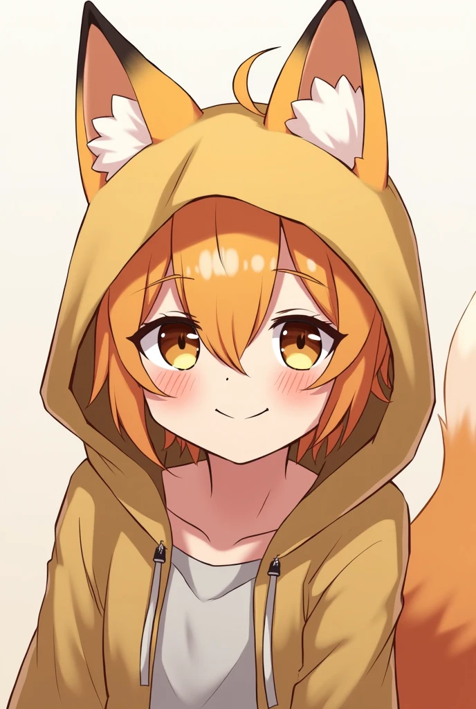 Furry fox，Masterpiece，Orange hair，With a hood，Japanese anime style，blush，Some unnatural smile，male，Shy，Don't dare to look directly into the camera，Pursed lips，成年male