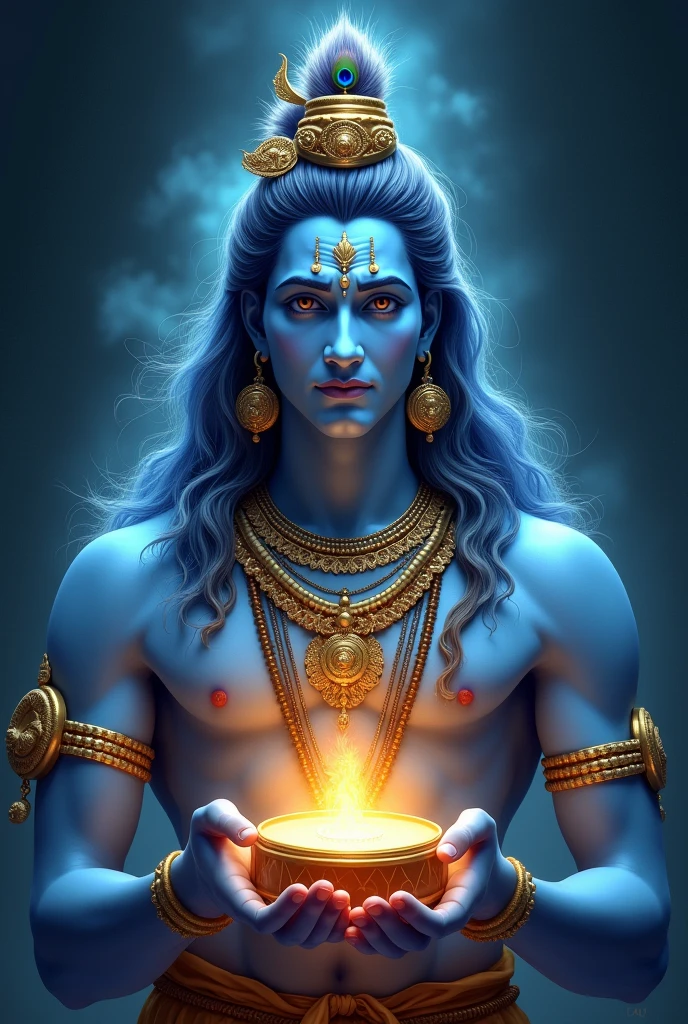 A divine portrait picture of lord shiv holding dammru.he has blueish colored hair looks like it emit light and a feather of peacock on it also his whole jewelry emit golden light from it .he looks very charming and posses lots of positive energy . The background is black