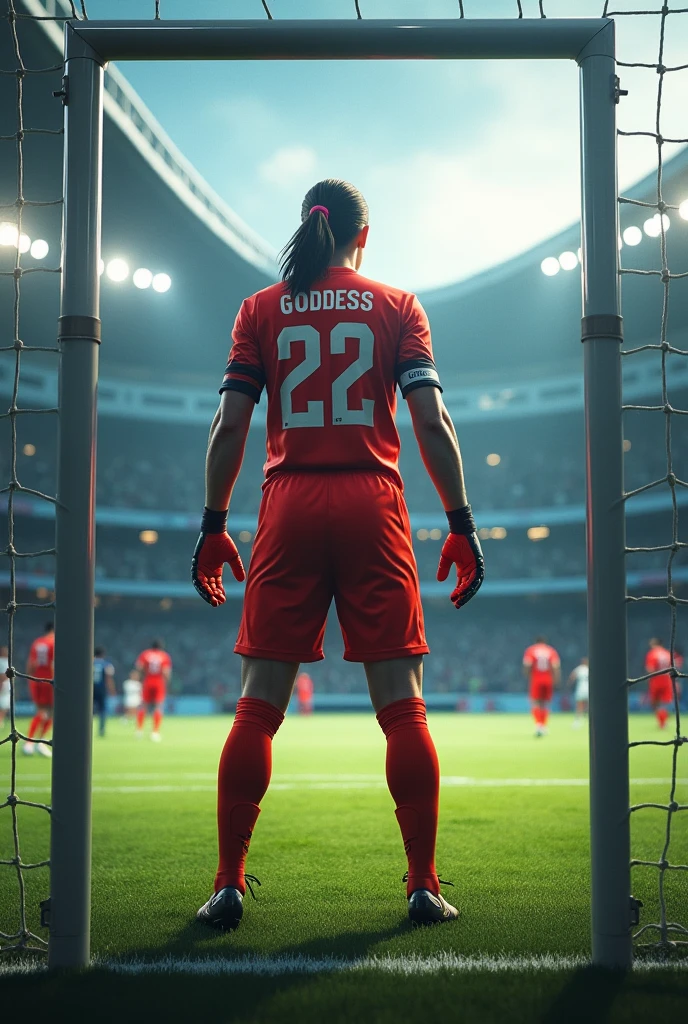 Soccer goalkeeper with the name goddess on his back and number 22