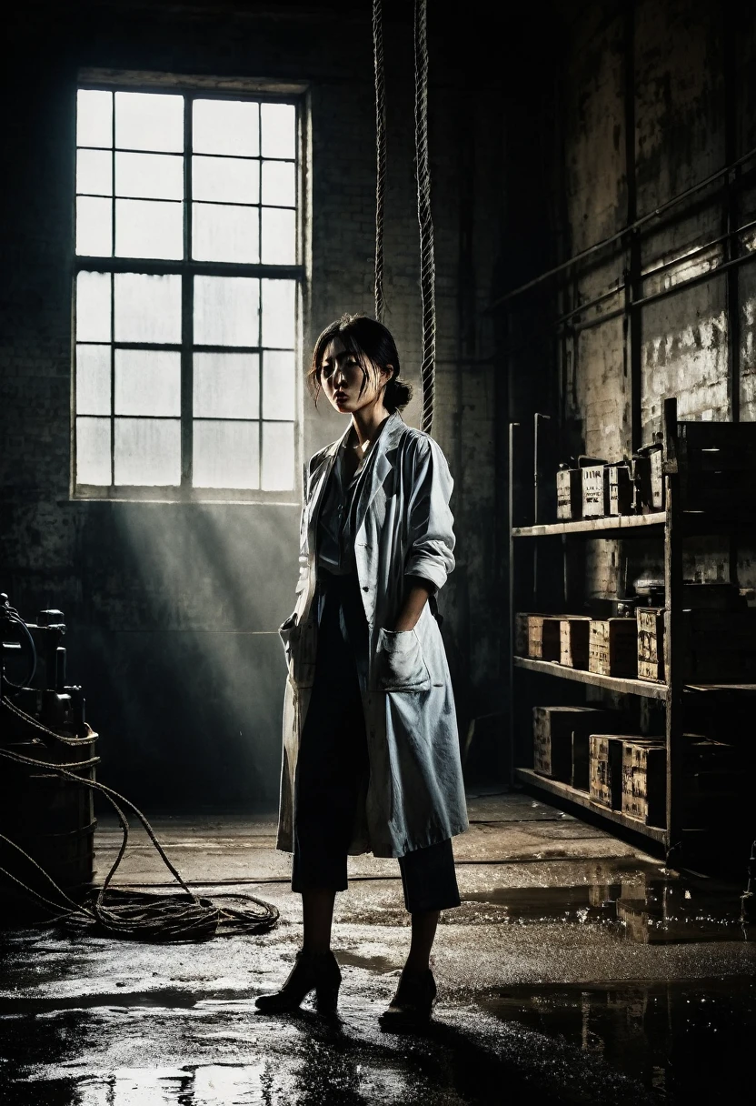 Inside a warehouse, high ceiling with exposed beams, dusty light streaming in through the windows, Genius beauty Misaki Sato tied to an iron pole in the center, spotlight from a suspended bulb, determination on her bruised face, dirty lab coat, sweat beading on her forehead, rope biting into her wrist, dark silhouette of a man with a gun, ominous shadow Old machines and crates casting ominous shadows, the sound of water droplets in the distance, rats running around the corner, tense atmosphere, noirish lighting with strong contrasts. Old machines and crates casting ominous shadows, sound of water droplets in the distance, rats running around the corner, tense atmosphere, noirish lighting with strong contrast, hard textures, thriller film stills, ultra detailed, 8K --AR 16:9--stylized 1000
