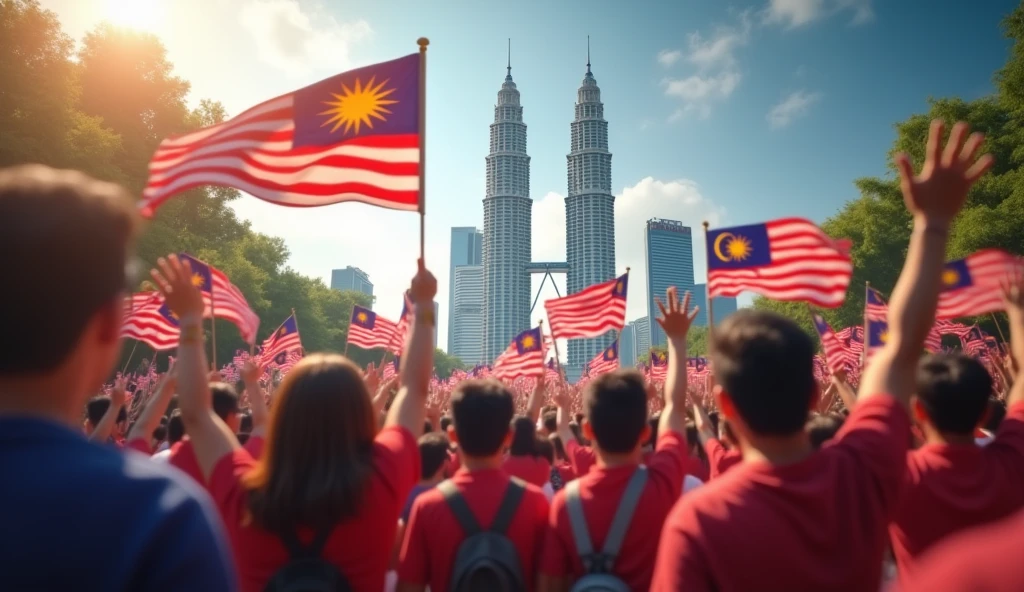 (photorealism:1.2), Malaysia Day, Citizens back, Malaysia flags,Malaysia Petronas Twin tower, High-Quality image Generation, 