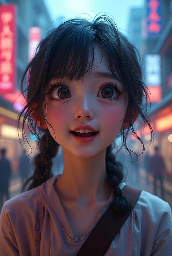 Photo Realistic a happy korean girl (1:1) 2, surprised expression, beautiful detailed eyes, beautiful detailed lips, extremely detailed face, large expressive eyes, long eyelashes, imagining entering a new world similar to the city in Final Fantasy VII Rebirth, vibrant colors, intricate details, kawaii style, octane render, 8k, highly detailed, photorealistic, dramatic lighting, volumetric fog
