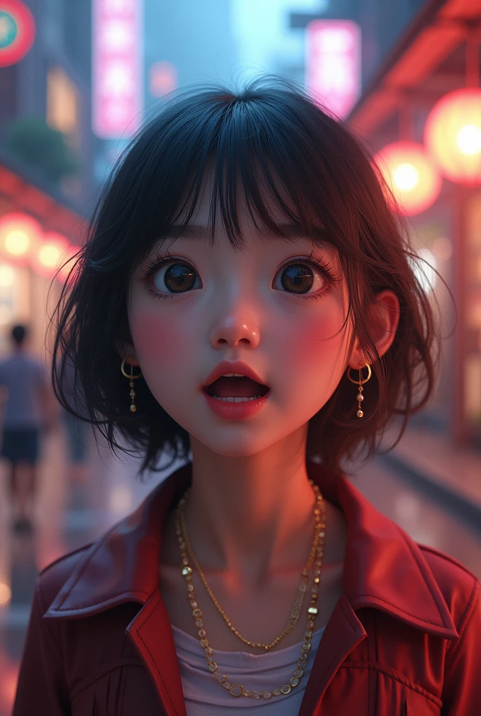 Photo Realistic a happy korean girl (1:1) 2, surprised expression, beautiful detailed eyes, beautiful detailed lips, extremely detailed face, large expressive eyes, long eyelashes, imagining entering a new world similar to the city in Final Fantasy VII Rebirth, vibrant colors, intricate details, kawaii style, octane render, 8k, highly detailed, photorealistic, dramatic lighting, volumetric fog