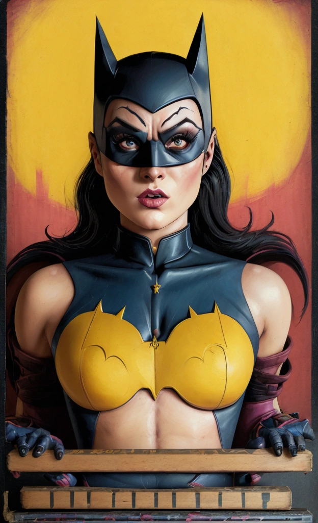 'Batgirl'" FILM magazine, with the title "RichNiji", Extreme Beautiful deepcut dressed Batgirl playing the famous director and holding up a clapperboard like a movie director, with correct letters and spelling., typography, painting, illustration, product