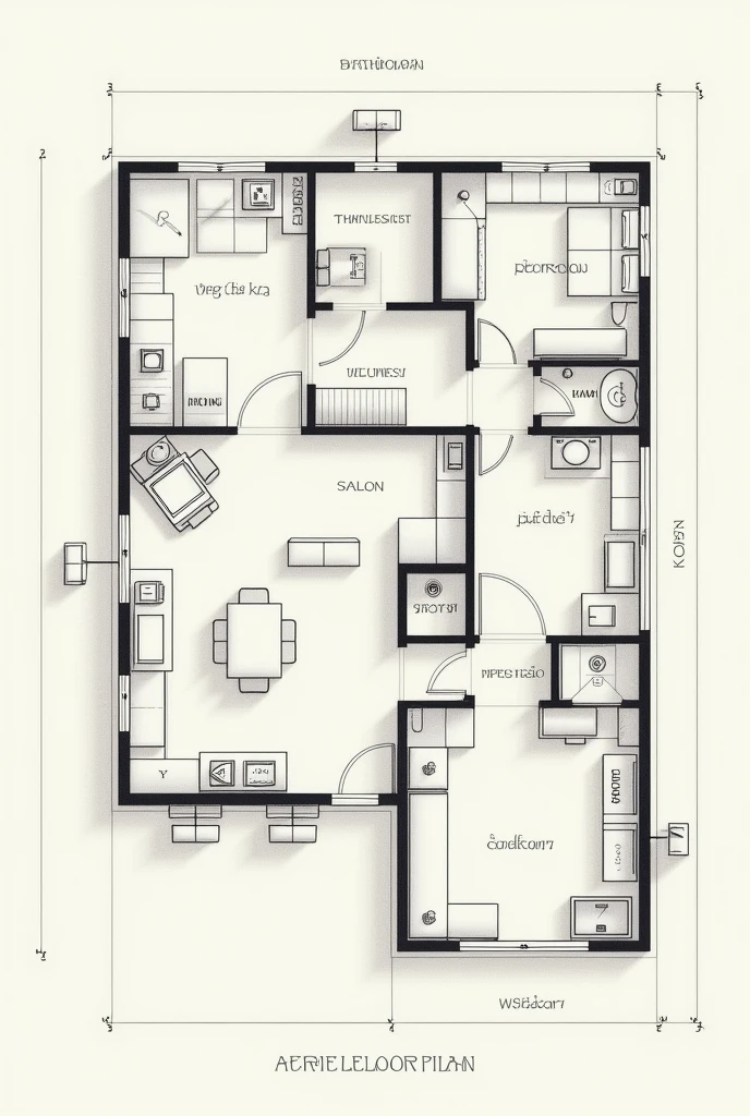 Draw an aerial plan of a house with a bathroom, kitchen, salon, biblioteca y kitchen, no color less detailed