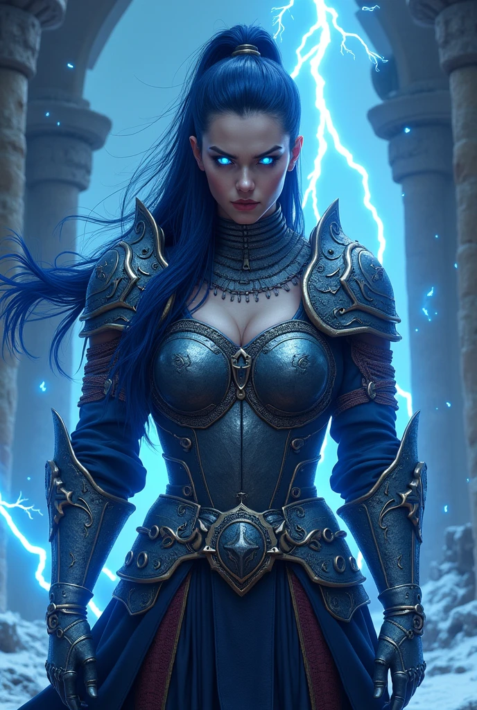 Aletta Ocean, angry evil beautiful and muscular, Nordic female, towering storm Giantess with blue black hair in a ponytail, older and mature woman, throwing a lightning ball, celtic glowing tattoos, wearing nordic steel runic plate mail Armour , temple cave background with lightning storm, glowing blue eyes, square jaw, powerful and imposing, winter clothing, pale blue purple skin, ((full plate celtic dragon armour)), nordic tattoos, fit bodybuilder, facing the camera , ultra detailed, looking outraged
