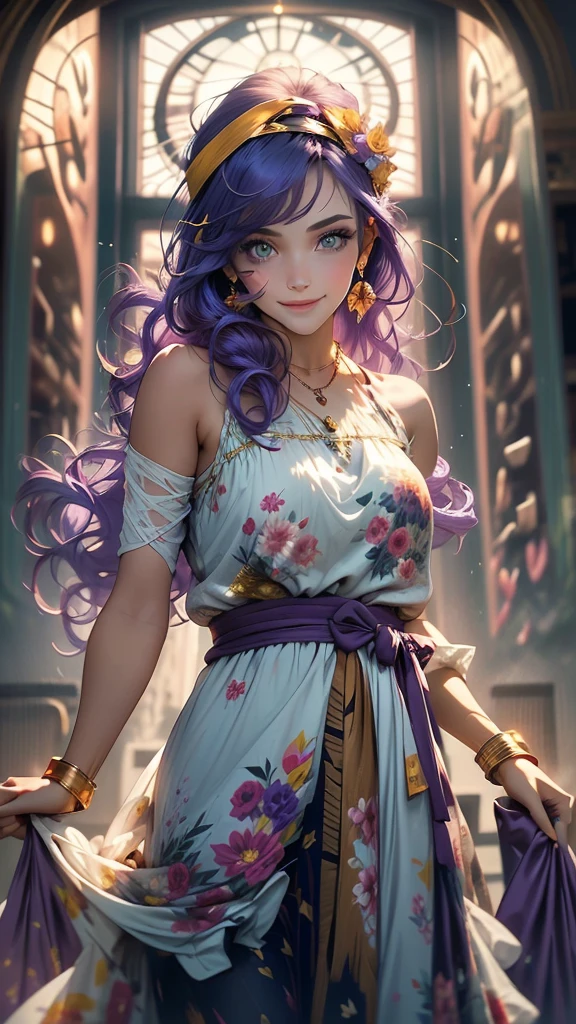 A girl smiling, beautiful eyes, beautiful lips, beautiful hair, floral dress, purple hair, green eyes, golden dress, hairband, flower in hand standing near a window and hair flowing in wind