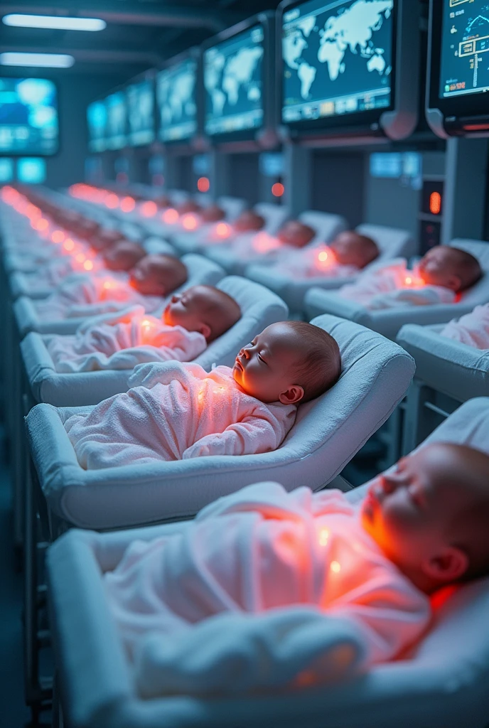 n a futuristic, highly mechanized facility, thousands of child-printing machines line up in precise rows, each glowing with advanced technology. These machines, resembling a blend of incubators and 3D printers, are actively “printing” babies of various races and ethnicities, representing the diversity of humanity. As the babies emerge, they are cradled by robotic arms, carefully placing them in soft, nurturing environments. The facility’s walls are adorned with screens displaying genetic codes and global maps, symbolizing the merging of science and culture. The scene is both awe-inspiring and thought-provoking, highlighting a world where technology has reached the ultimate frontier—creating life itself in all its beautiful diversity. The vibrant colors and intricate details of the newborns, each unique yet equal, emphasize the theme of unity and the celebration of human variety.