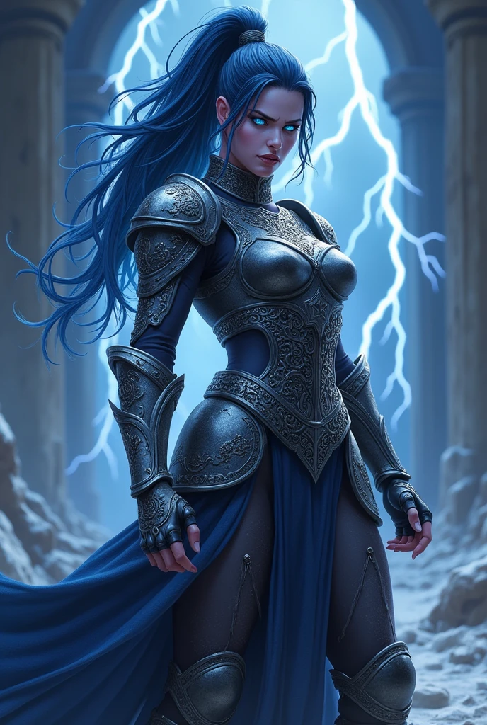 Aletta Ocean, angry evil beautiful and muscular, Nordic female, towering storm Giantess with blue black hair in a ponytail, older and mature woman, throwing a lightning ball, celtic glowing tattoos, wearing nordic steel runic plate mail Armour , temple cave background with lightning storm, glowing blue eyes, square jaw, powerful and imposing, winter clothing, pale blue purple skin, ((full plate celtic dragon armour)), nordic tattoos, fit bodybuilder, facing the camera , ultra detailed, looking outraged